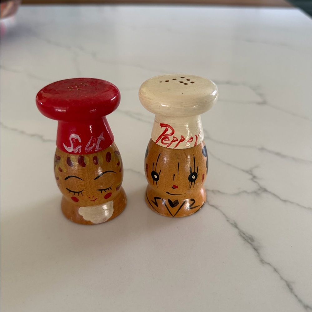 Hand-Painted Wooden Salt & Pepper Shakers - Red, Cream, Brown